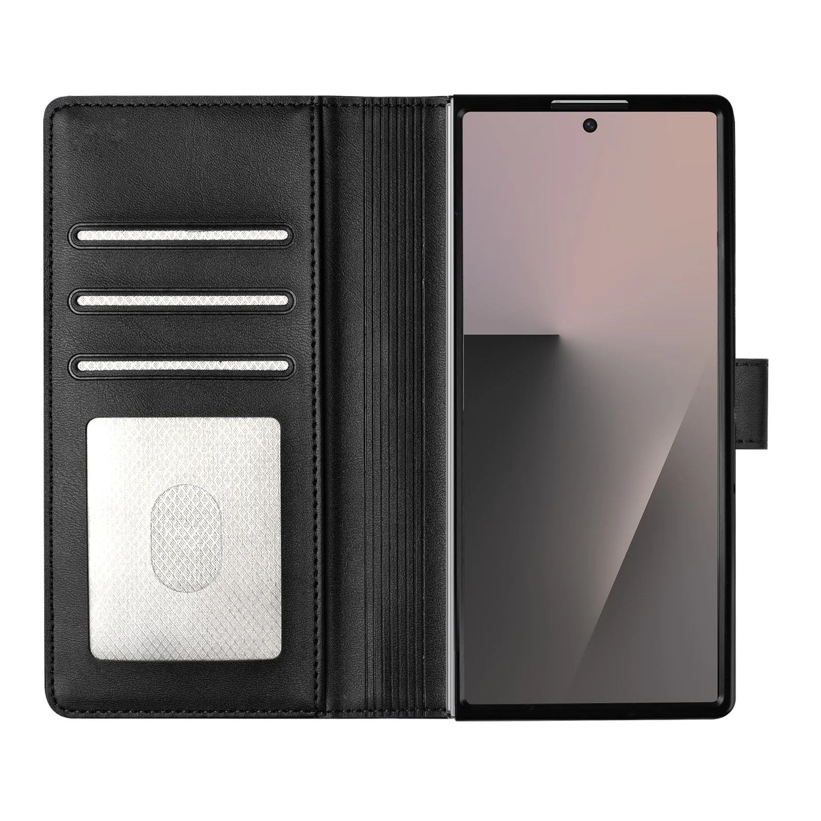 For Samsung Galaxy Z Fold7 5G Wallet Case RFID Blocking Calf Texture Leather Stand Phone Cover with Strap - Black - Image 4