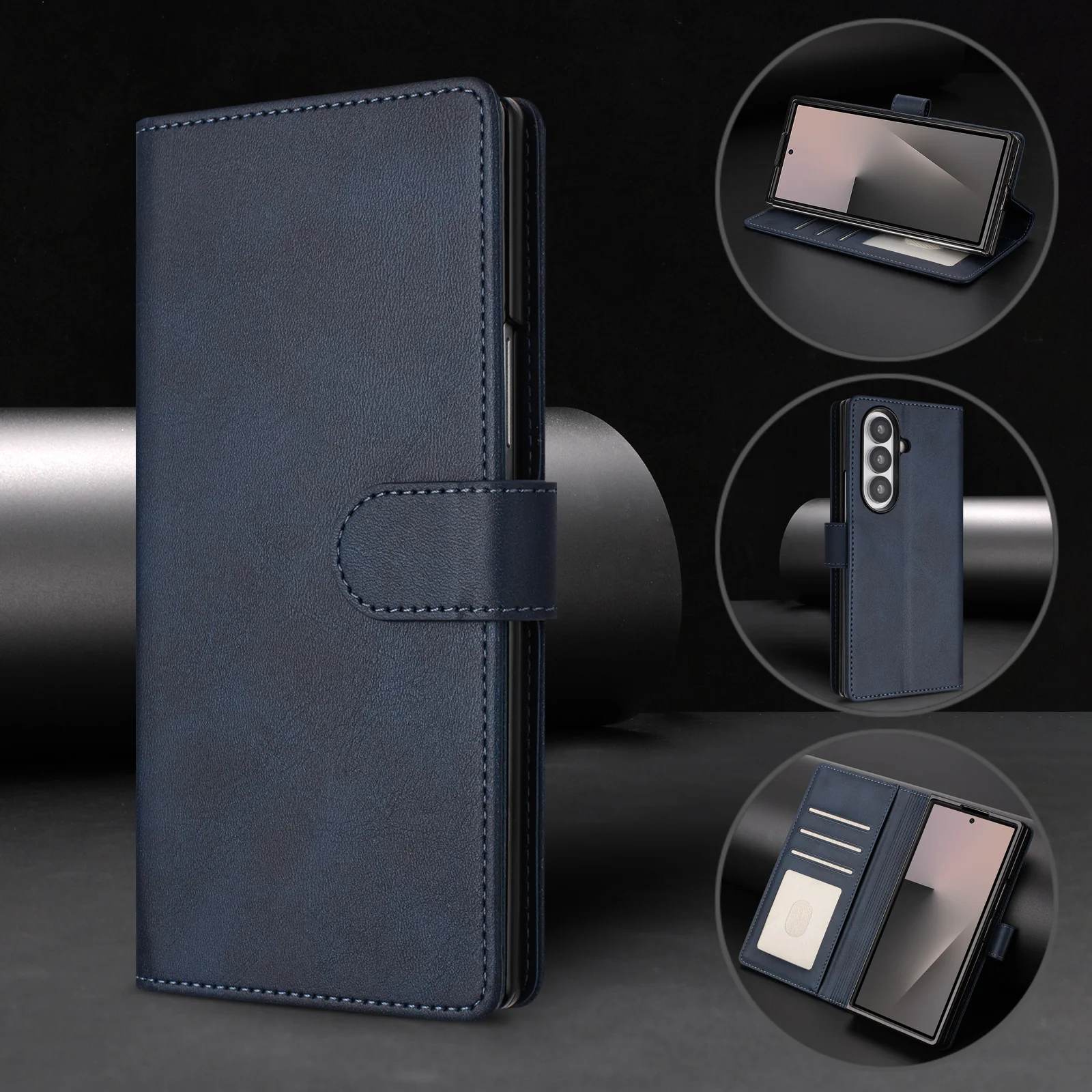 For Samsung Galaxy Z Fold7 5G Wallet Case RFID Blocking Calf Texture Leather Stand Phone Cover with Strap - Blue - Image 2