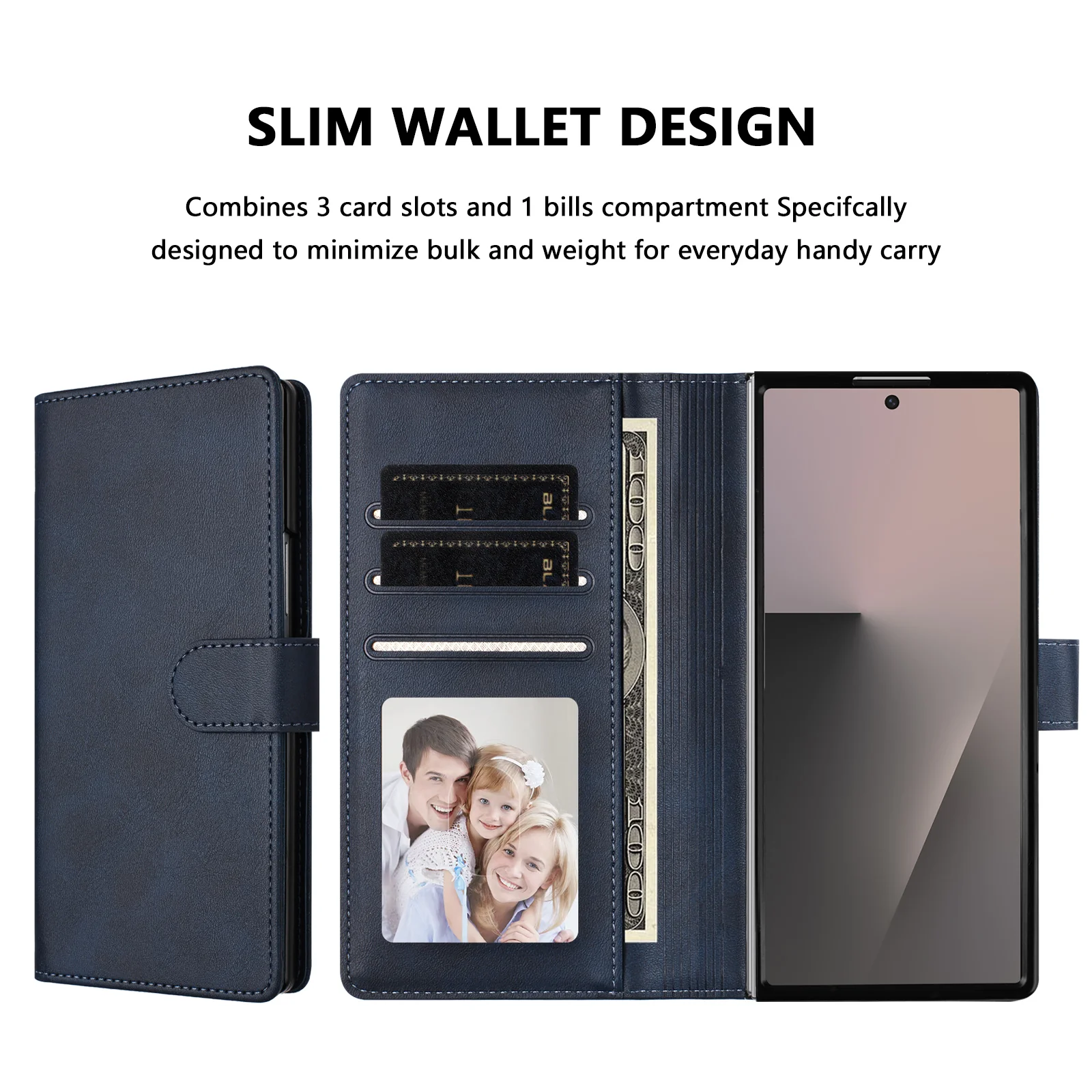 For Samsung Galaxy Z Fold7 5G Wallet Case RFID Blocking Calf Texture Leather Stand Phone Cover with Strap - Blue - Image 7