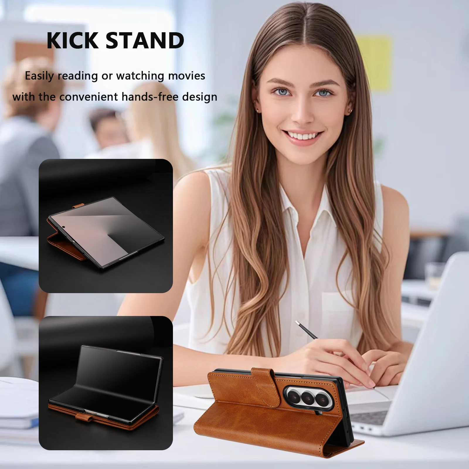 For Samsung Galaxy Z Fold7 5G Wallet Case RFID Blocking Calf Texture Leather Stand Phone Cover with Strap - Brown - Image 2