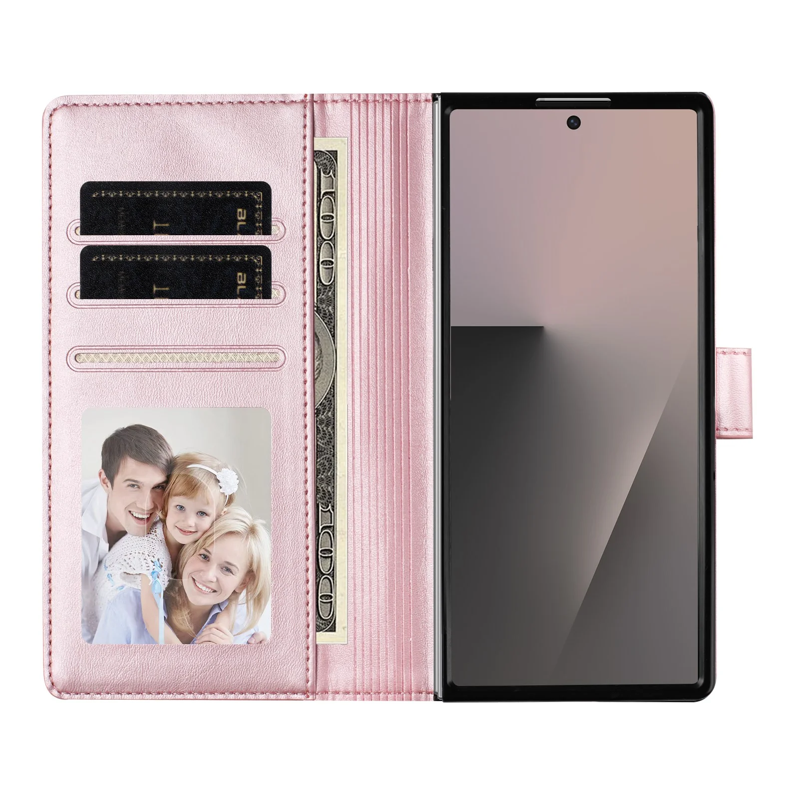 For Samsung Galaxy Z Fold7 5G Wallet Case RFID Blocking Calf Texture Leather Stand Phone Cover with Strap - Pink - Image 6