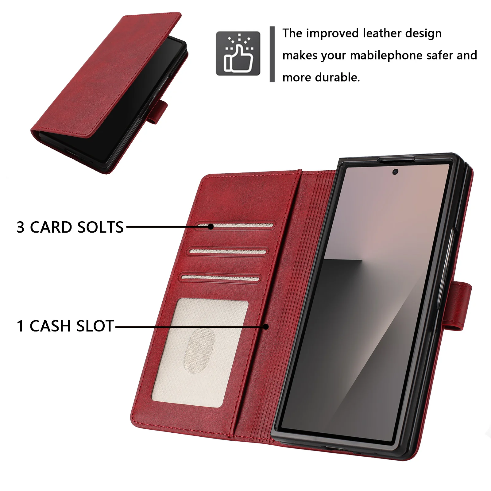 For Samsung Galaxy Z Fold7 5G Wallet Case RFID Blocking Calf Texture Leather Stand Phone Cover with Strap - Wine Red - Image 6