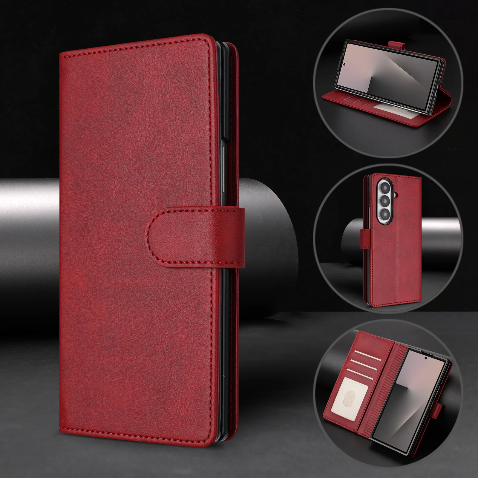 For Samsung Galaxy Z Fold7 5G Wallet Case RFID Blocking Calf Texture Leather Stand Phone Cover with Strap - Wine Red - Image 8