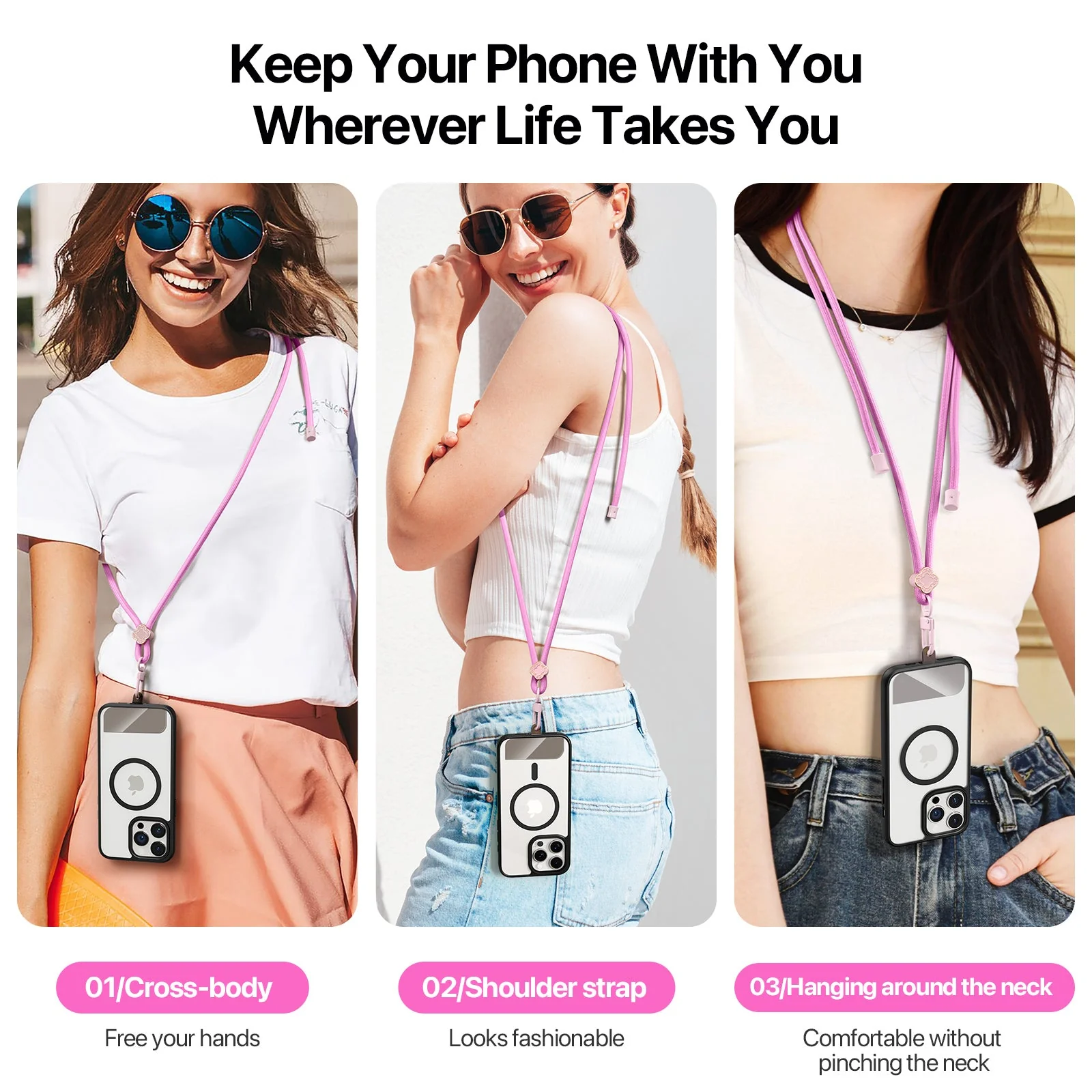 For Universal DUX DUCIS Garden Series Phone Lanyard Adjustable Neck Strap with Begonia Pattern - Pink - Image 6