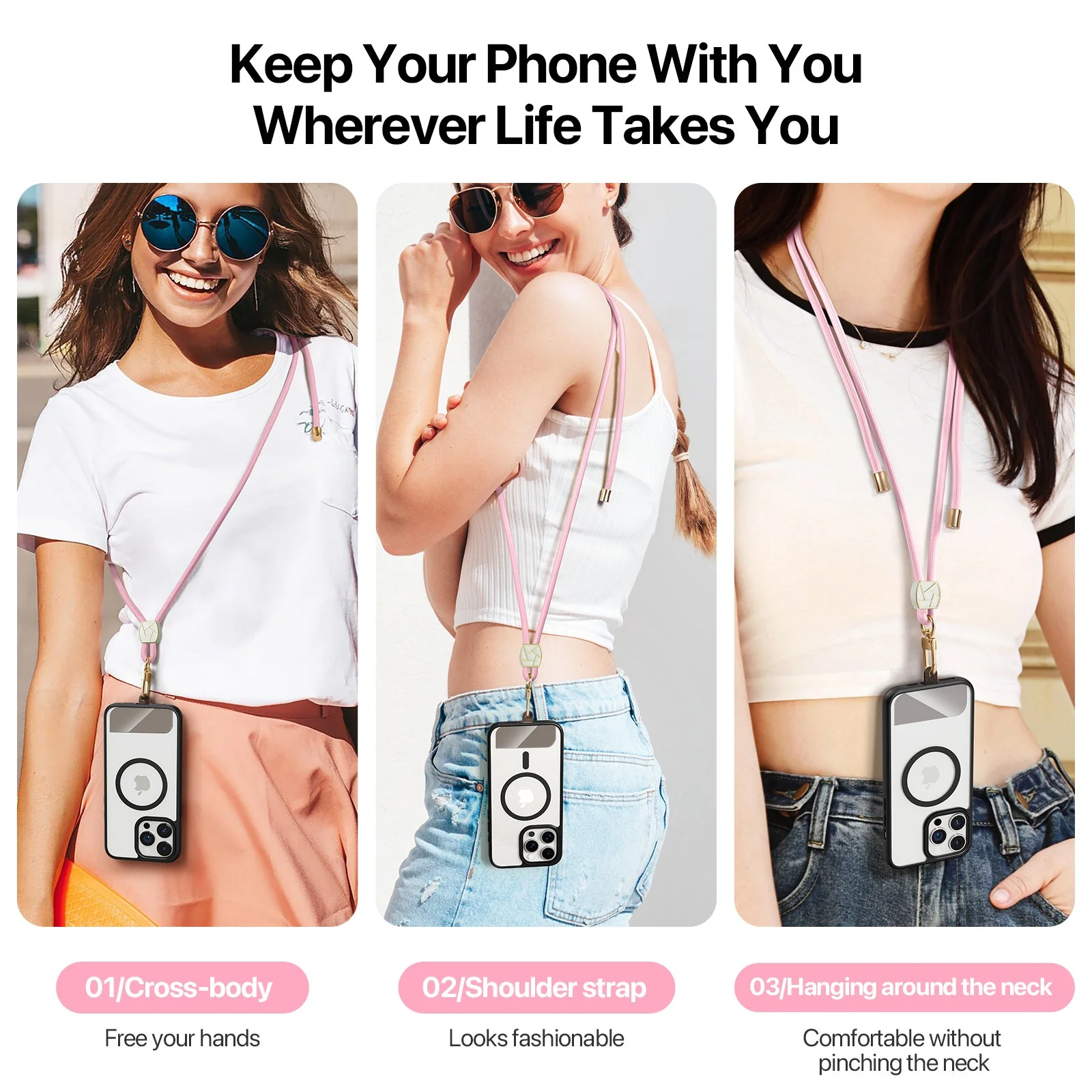 For Universal DUX DUCIS Garden Series Phone Lanyard Adjustable Neck Strap with Ice Crack Pattern - Light Pink - Image 6