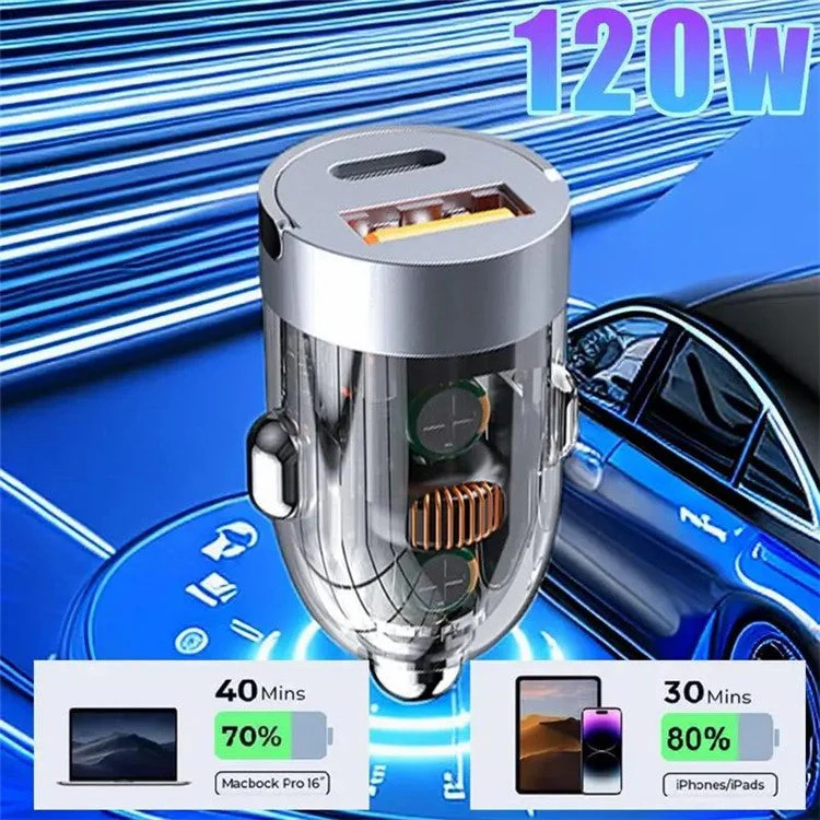 G20S 12-24V 120W USB+Type-C Transparent Fast Charging Adapter Car Charger with 6A USB to Type-C Cable - Image 2