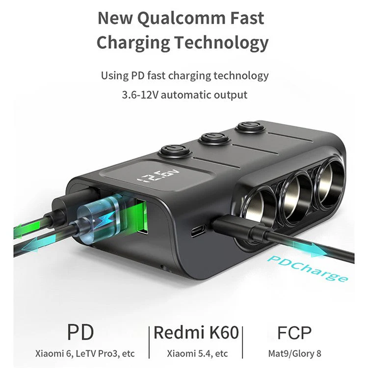GC01 3 USB + 1 Type-C + 1 PD Port Car Charger 3 Cigarette Lighter Sockets Digital Display Charging Adapter - Image 2