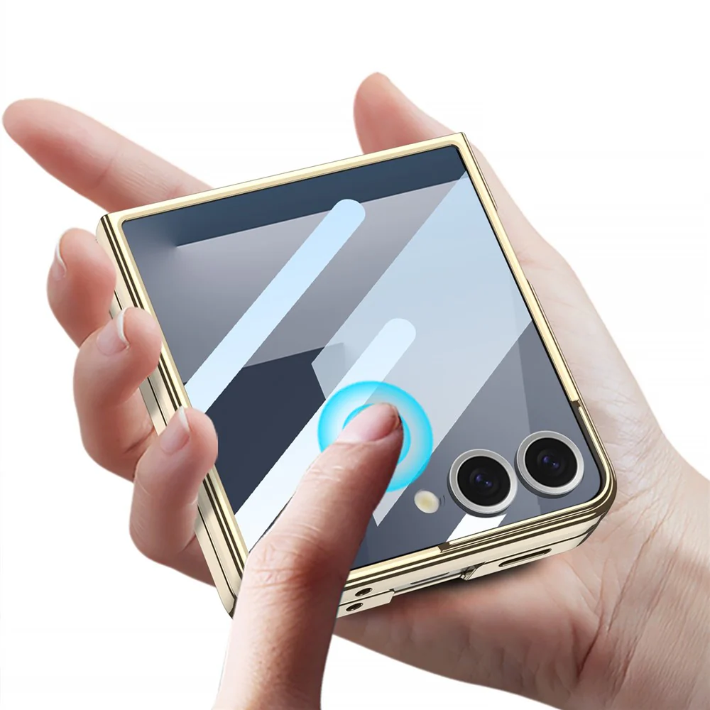 GKK For Samsung Galaxy Z Flip7 5G Case Electroplating Hard PC Tempered Glass Phone Cover with Screen Film - Transparent - Image 2