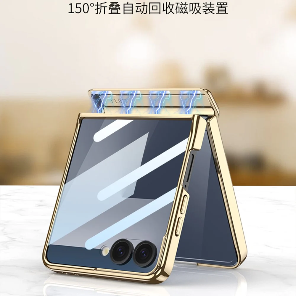 GKK For Samsung Galaxy Z Flip7 5G Case Kickstand Magnetic Hinge Protection PU PC Tempered Glass Phone Cover - Titanium Grey - Image 5
