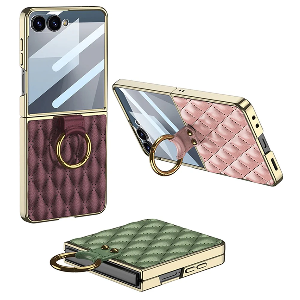 GKK For Samsung Galaxy Z Flip7 5G Case Rhombic Pattern PU Leather Back Cover with Ring Holder / Small Screen Film - Green - Image 8