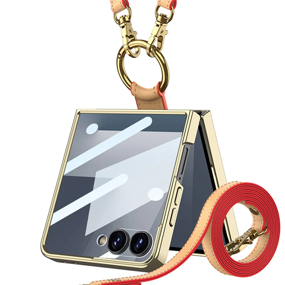 GKK For Samsung Galaxy Z Flip7 5G Case Ring Kickstand PU Leather + PC Phone Cover with Small Screen Film / Shoulder Strap - Dark Yellow - Image 3