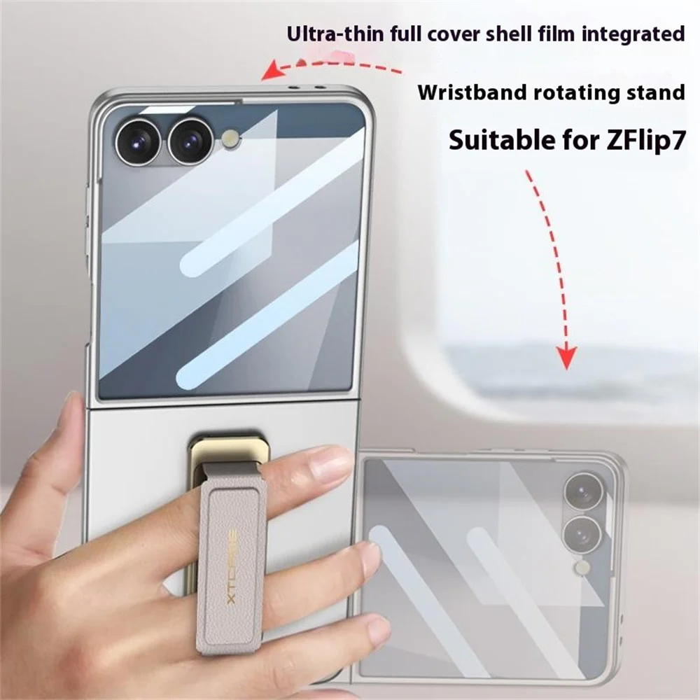 GKK For Samsung Galaxy Z Flip7 5G Case with Kickstand / Magnetic Strap PC Tempered Glass Slim Phone Cover - Titanium Grey - Image 3