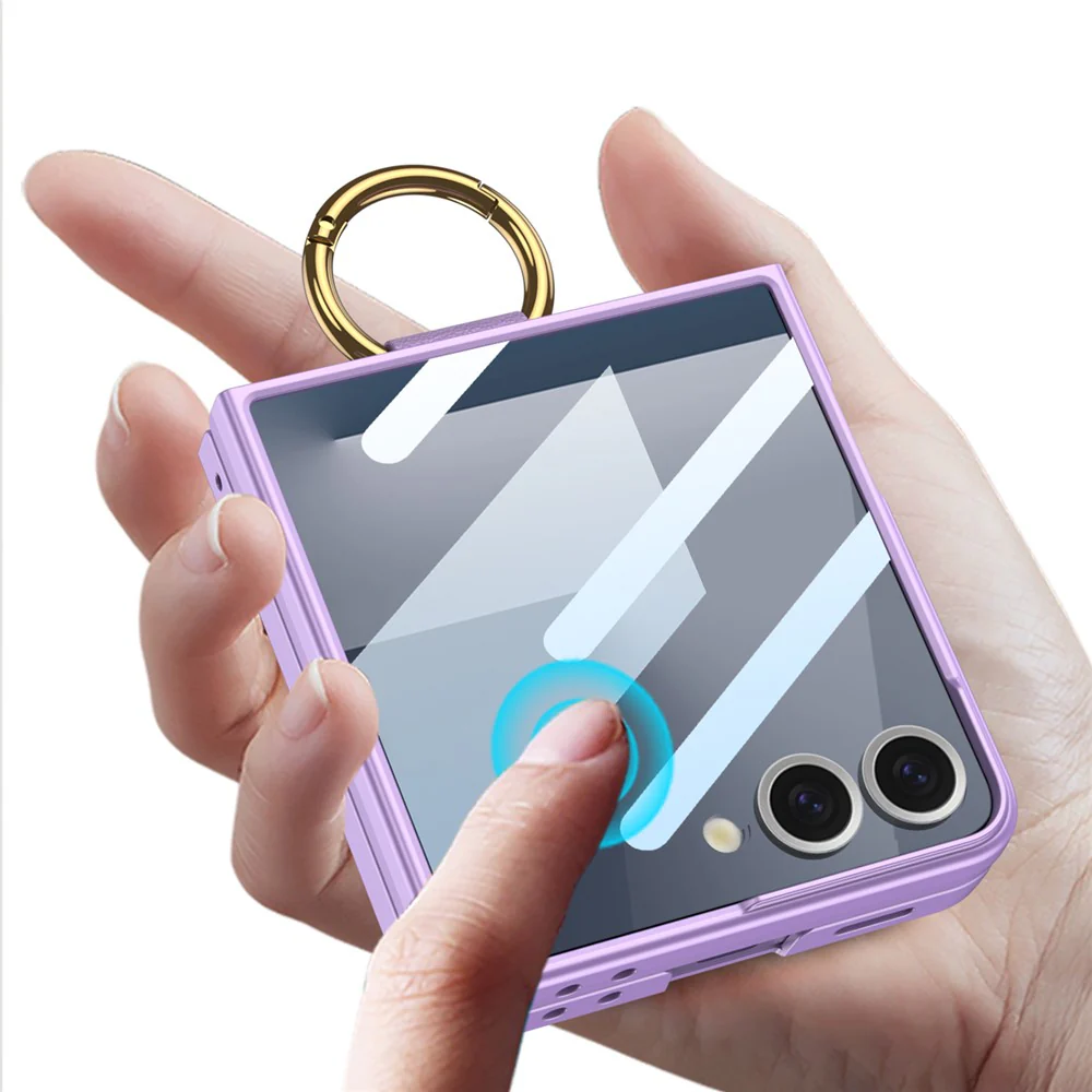GKK For Samsung Galaxy Z Flip7 5G Case with Ring Holder Metal Plate PC + Tempered Glass Phone Cover - Grey - Image 2