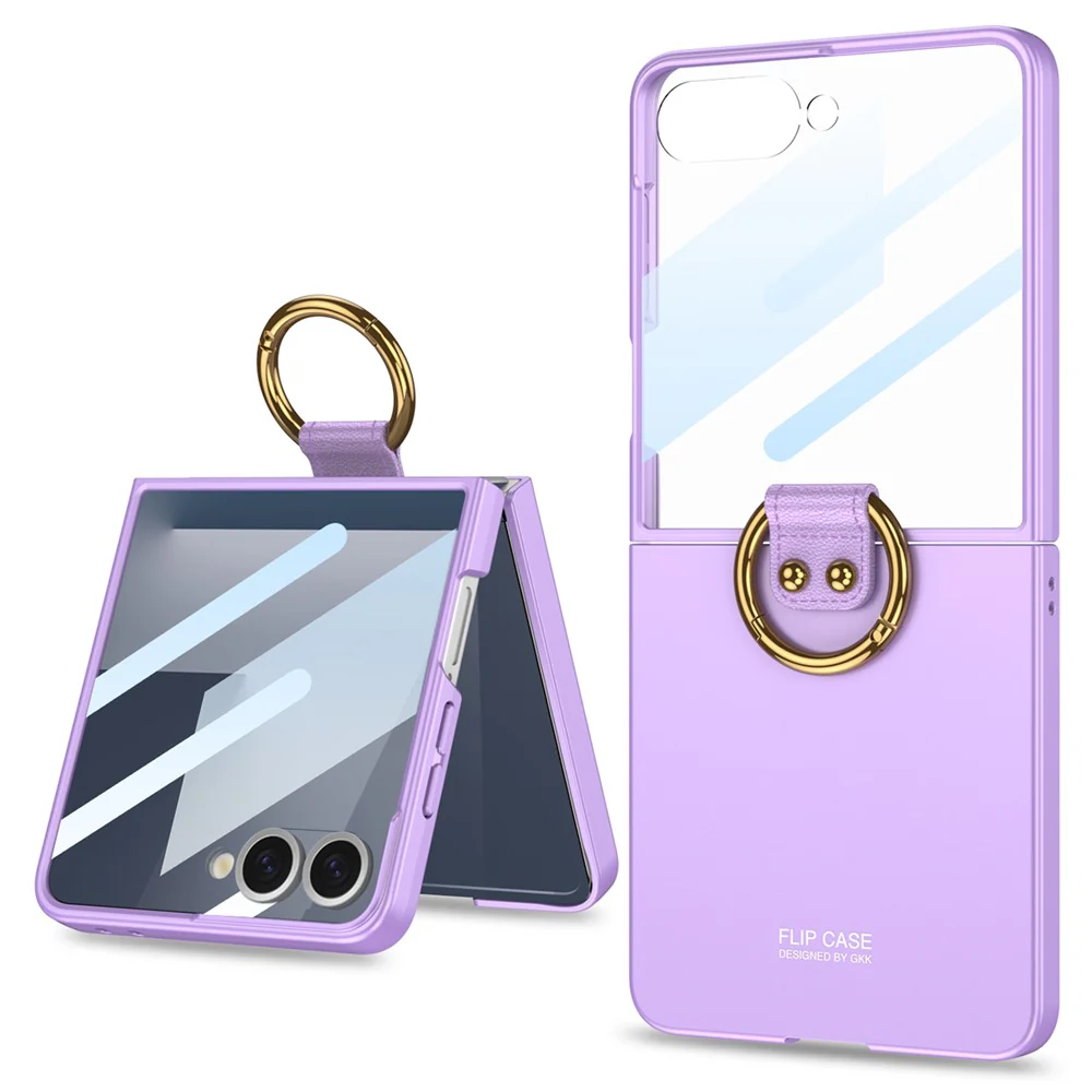 GKK For Samsung Galaxy Z Flip7 5G Case with Ring Holder Metal Plate PC + Tempered Glass Phone Cover - Purple