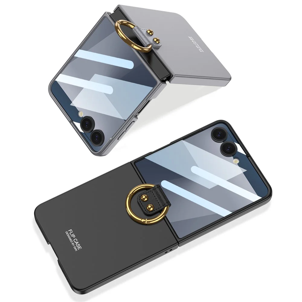 GKK For Samsung Galaxy Z Flip7 5G Case with Ring Holder Metal Plate PC + Tempered Glass Phone Cover - Silver - Image 8