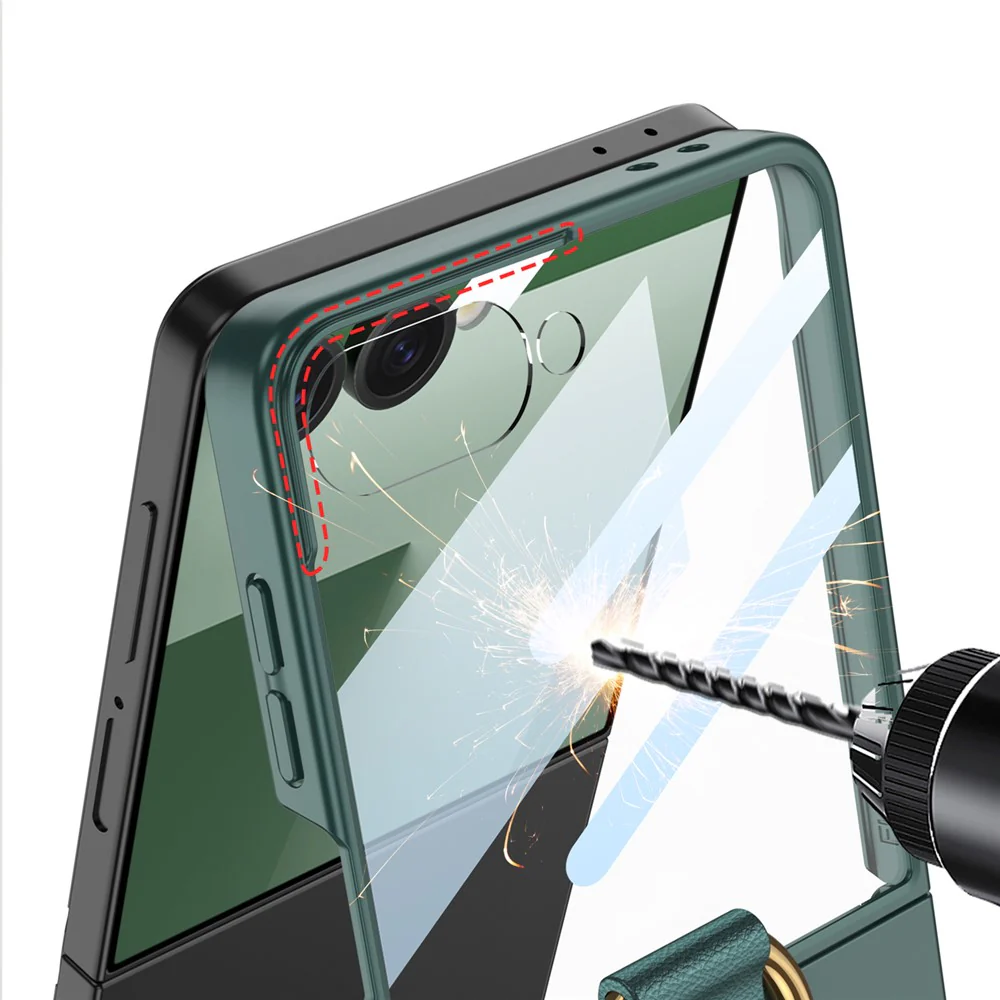 GKK For Samsung Galaxy Z Flip7 5G Case with Ring Holder Metal Plate PC + Tempered Glass Phone Cover - Titanium Grey - Image 7