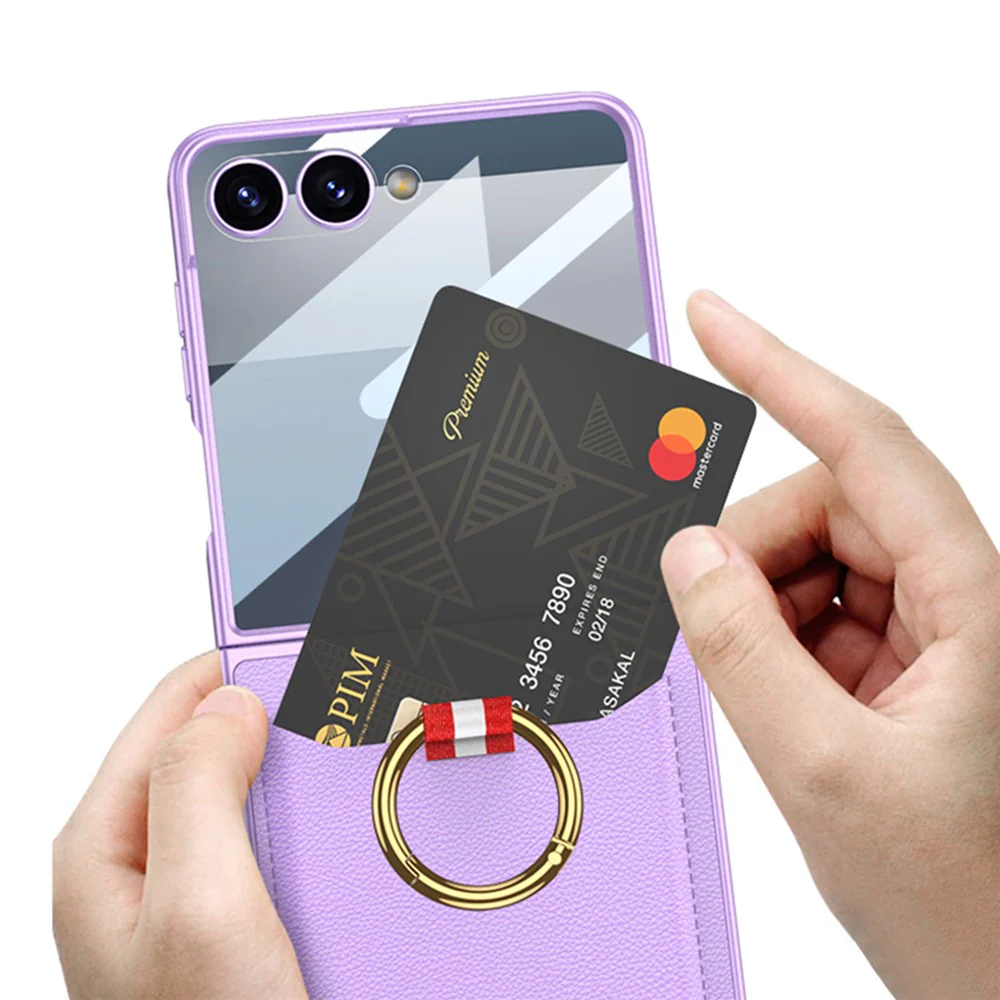 GKK For Samsung Galaxy Z Flip7 5G Case with Ring Kickstand / Card Holder PC + Tempered Glass Phone Back Cover - Carbon Fiber Texture - Image 4