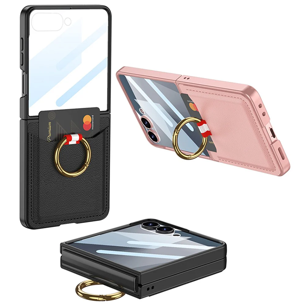 GKK For Samsung Galaxy Z Flip7 5G Case with Ring Kickstand / Card Holder PC + Tempered Glass Phone Back Cover - Pink - Image 5