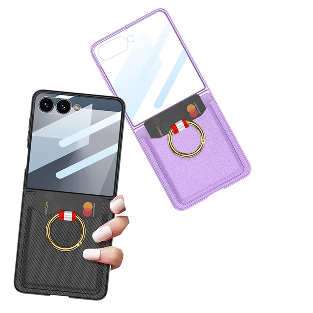 GKK For Samsung Galaxy Z Flip7 5G Case with Ring Kickstand / Card Holder PC + Tempered Glass Phone Back Cover - Purple - Image 8