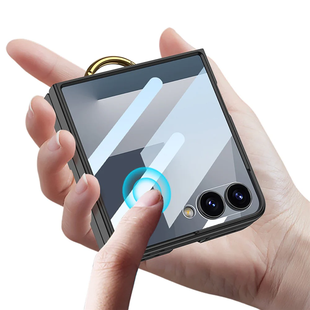 GKK For Samsung Galaxy Z Flip7 5G Case with Ring Kickstand / Card Holder PC + Tempered Glass Phone Back Cover - Titanium Grey - Image 6