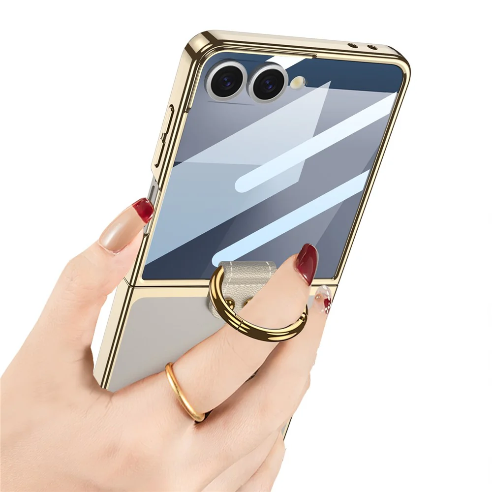 GKK For Samsung Galaxy Z Flip7 5G Case with Screen Film / Ring Holder Electroplating Hard PC Tempered Glass Phone Cover - Black - Image 4