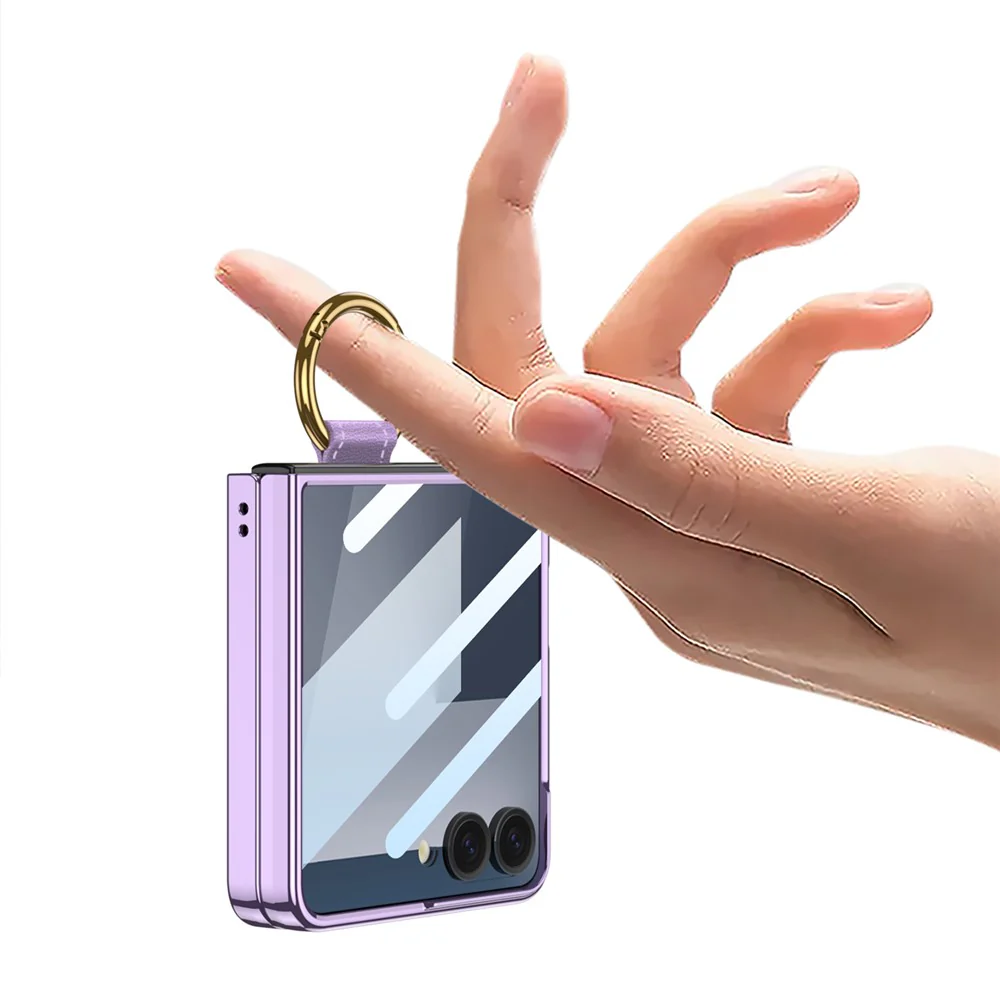 GKK For Samsung Galaxy Z Flip7 5G Case with Screen Film / Ring Holder Electroplating Hard PC Tempered Glass Phone Cover - Black - Image 7