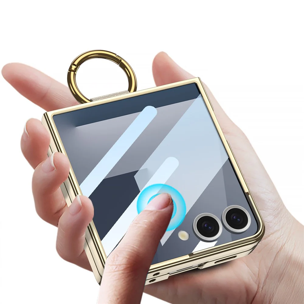 GKK For Samsung Galaxy Z Flip7 5G Case with Screen Film / Ring Holder Electroplating Hard PC Tempered Glass Phone Cover - Champagne Gold - Image 2