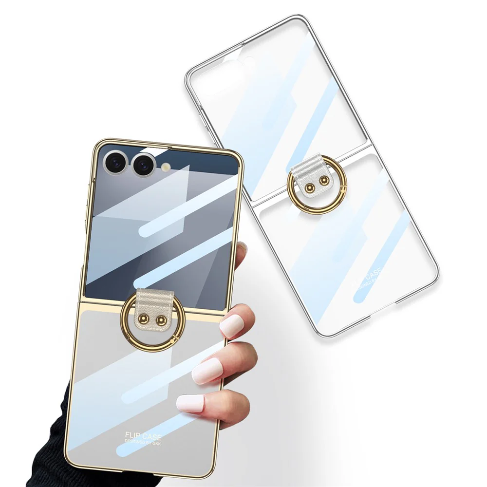 GKK For Samsung Galaxy Z Flip7 5G Case with Screen Film / Ring Holder Electroplating Hard PC Tempered Glass Phone Cover - Silver - Image 5