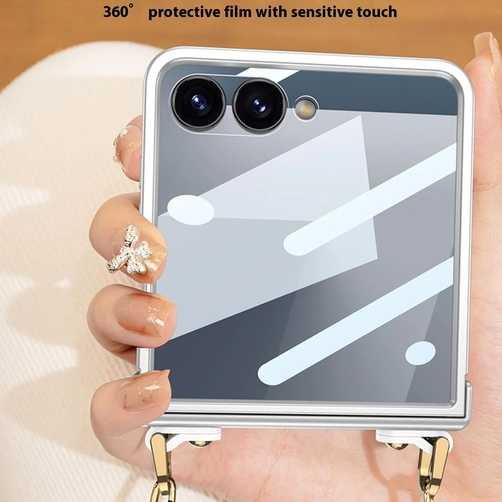 GKK For Samsung Galaxy Z Flip7 5G Case with Shoulder Strap PC Tempered Glass Slim Phone Cover - Black - Image 5
