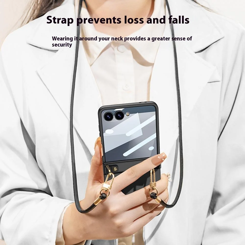 GKK For Samsung Galaxy Z Flip7 5G Case with Shoulder Strap PC Tempered Glass Slim Phone Cover - Silver - Image 4