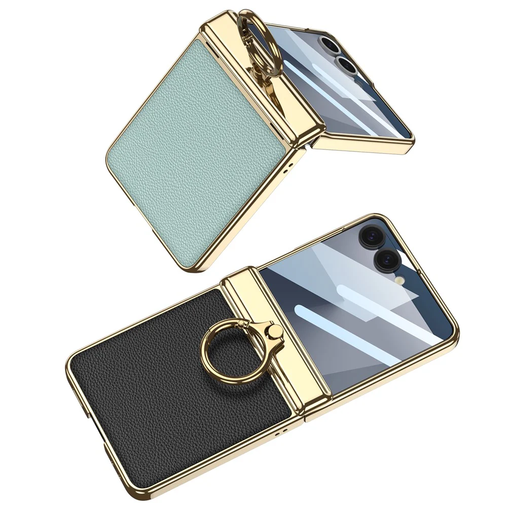 GKK For Samsung Galaxy Z Flip7 5G Kickstand Case Electroplating Magnetic Hinge Protection PU PC Tempered Glass Phone Cover - Black - Image 7