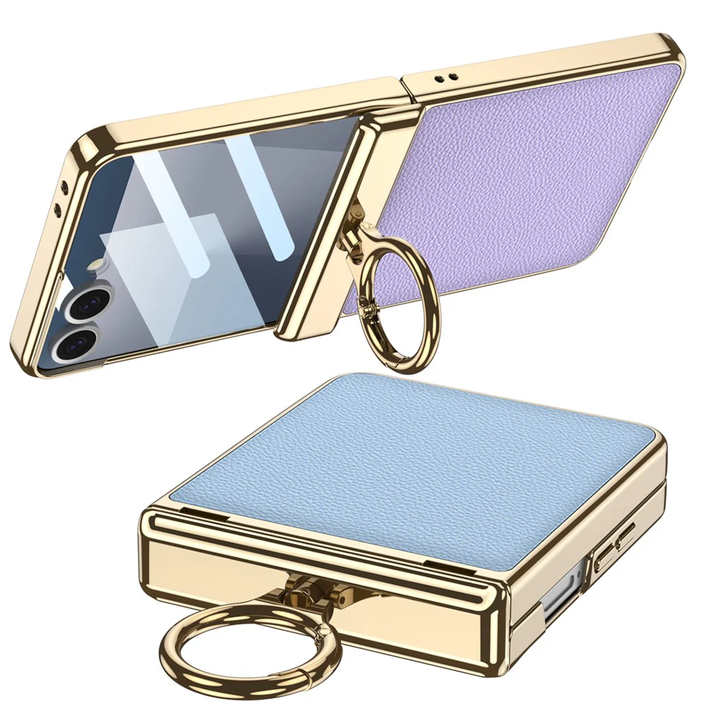 GKK For Samsung Galaxy Z Flip7 5G Kickstand Case Electroplating Magnetic Hinge Protection PU PC Tempered Glass Phone Cover - Blue - Image 4