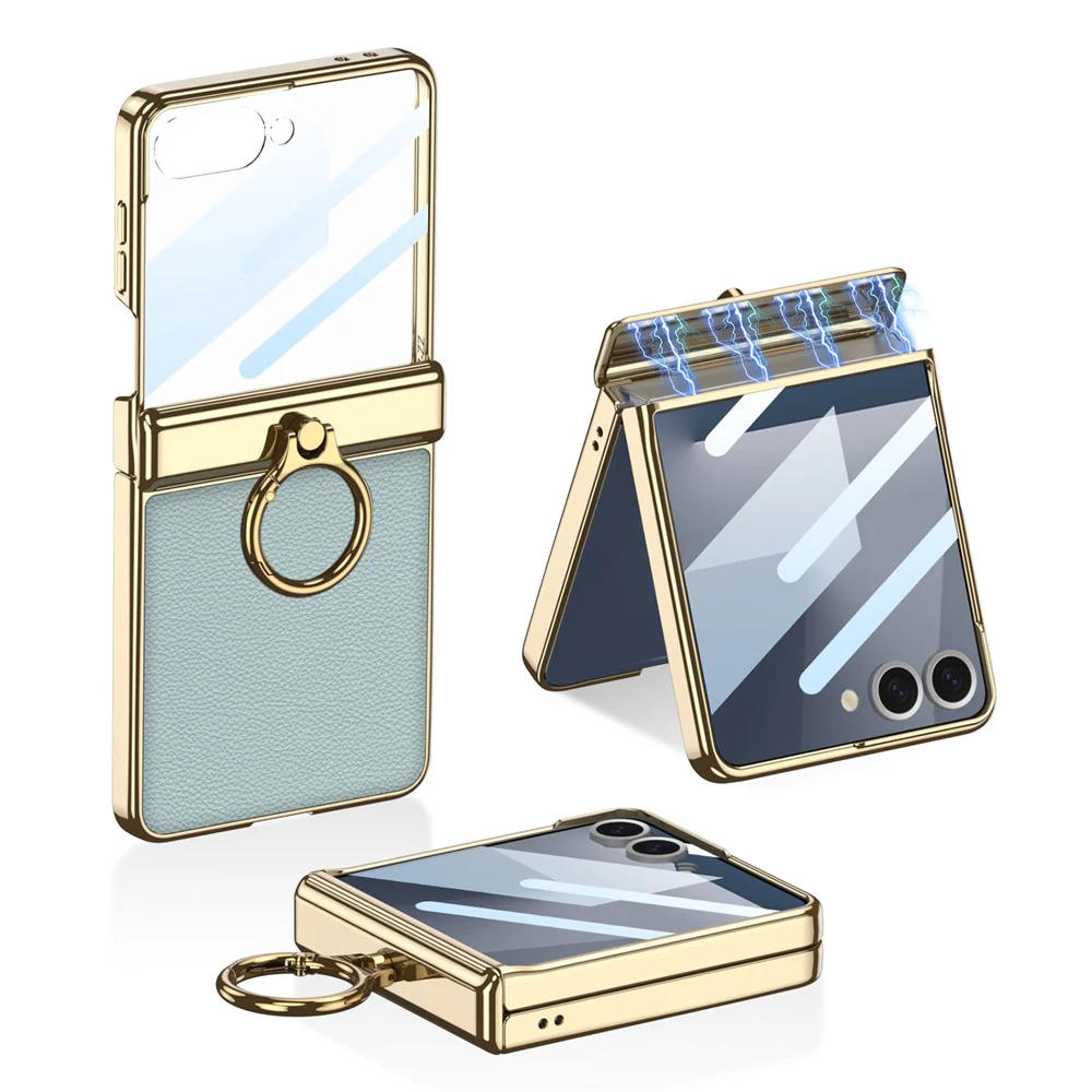 GKK For Samsung Galaxy Z Flip7 5G Kickstand Case Electroplating Magnetic Hinge Protection PU PC Tempered Glass Phone Cover - Green