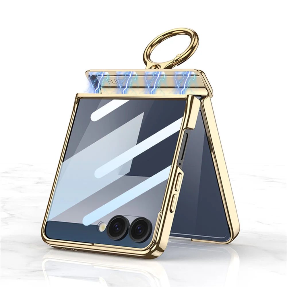 GKK For Samsung Galaxy Z Flip7 5G Kickstand Case Electroplating Magnetic Hinge Protection PU PC Tempered Glass Phone Cover - Titanium Grey - Image 2