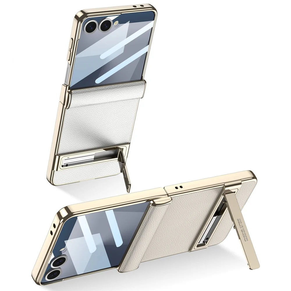 GKK For Samsung Galaxy Z Flip7 5G Kickstand Case Magnetic Hinge Protection PU + PC + Tempered Glass Phone Cover - Titanium Grey - Image 2