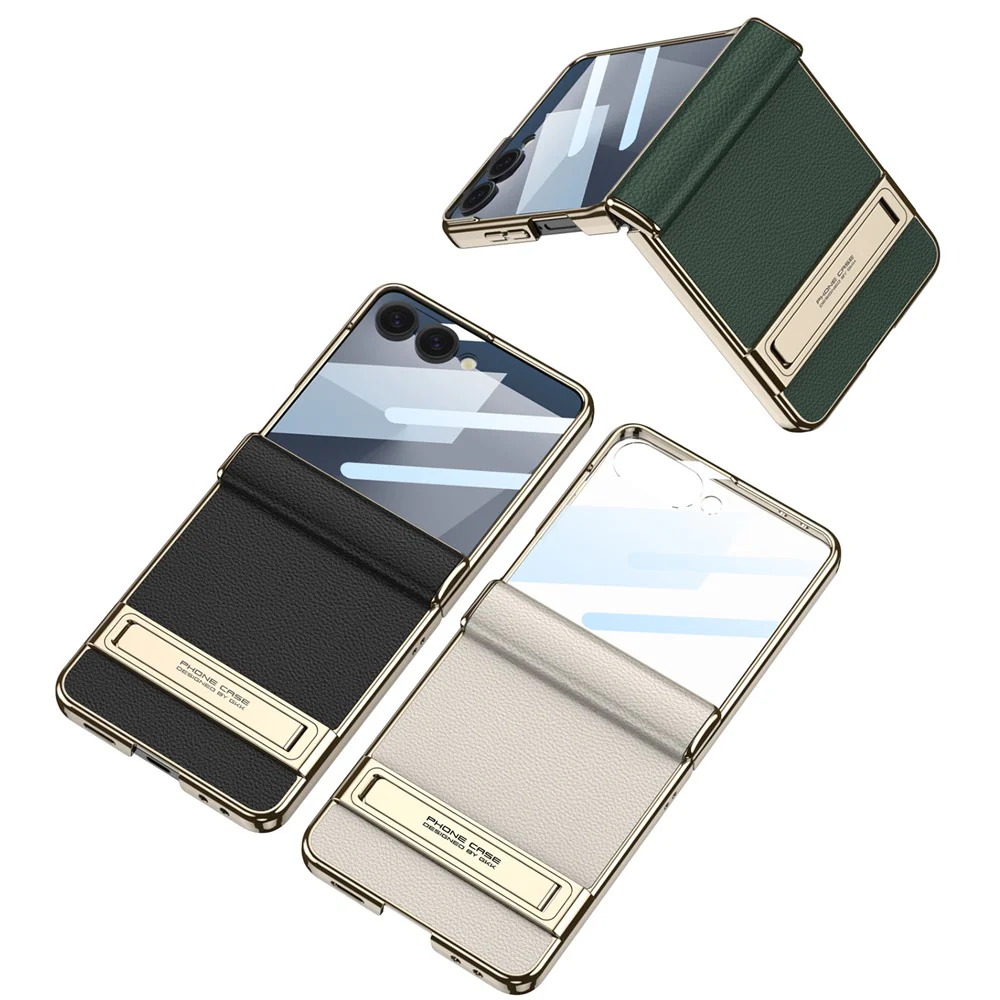 GKK For Samsung Galaxy Z Flip7 5G Kickstand Case Magnetic Hinge Protection PU + PC + Tempered Glass Phone Cover - White - Image 7