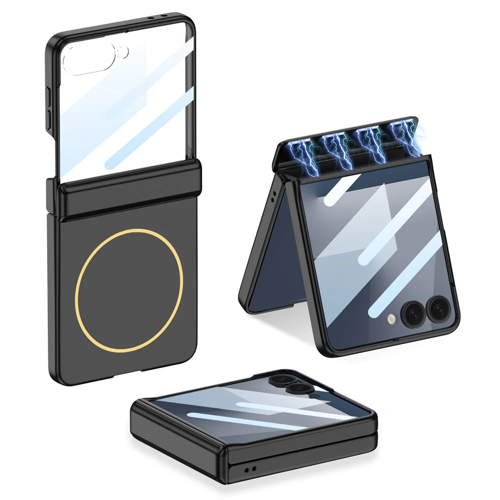 GKK For Samsung Galaxy Z Flip7 5G Magnetic Case Hinge Protection PC Phone Cover with HD Rear Screen Protector - Black