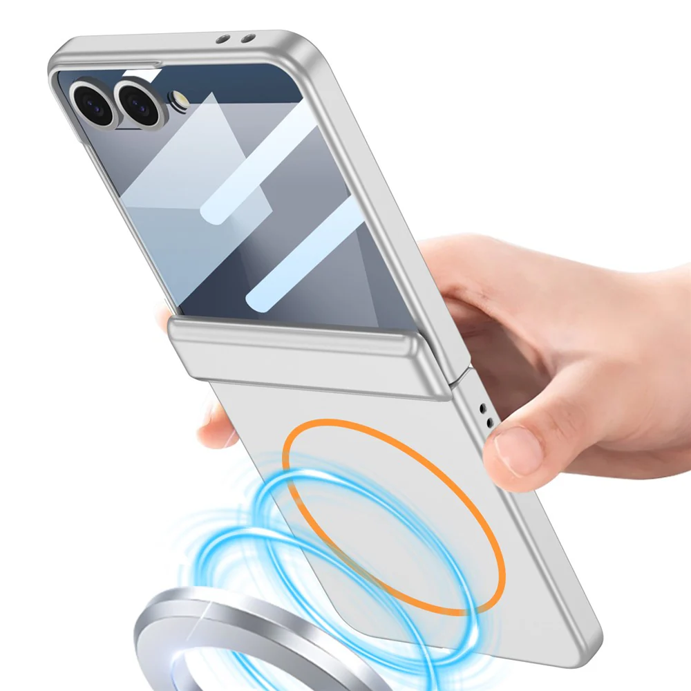 GKK For Samsung Galaxy Z Flip7 5G Magnetic Case Hinge Protection PC + Tempered Glass Slim Phone Cover - Silver - Image 2