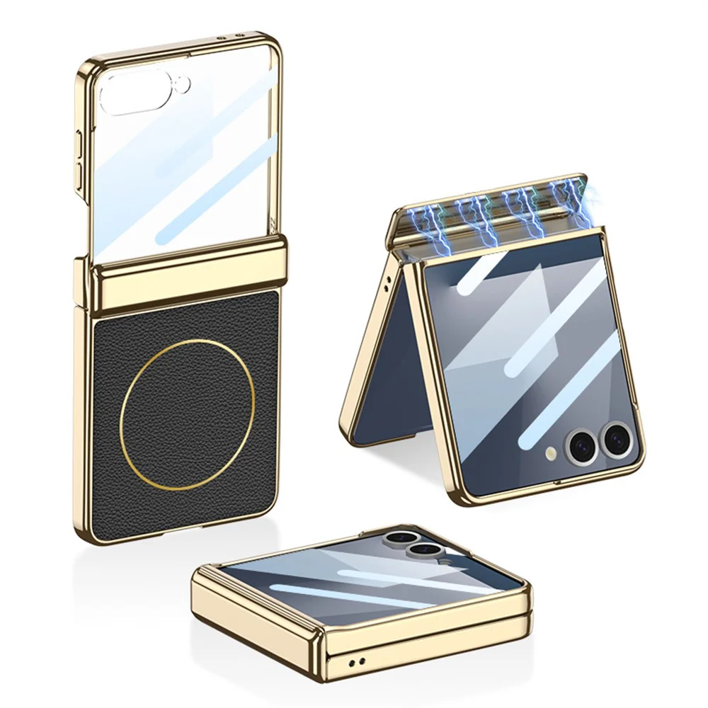 GKK For Samsung Galaxy Z Flip7 5G Magnetic Case Hinge Protection PU PC Tempered Glass Phone Cover - Black
