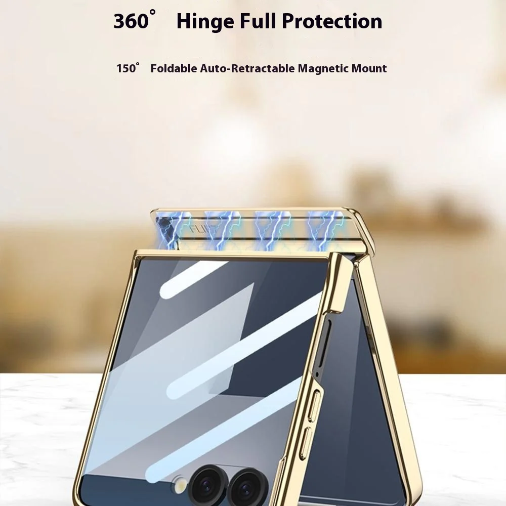 GKK For Samsung Galaxy Z Flip7 5G Magnetic Case Hinge Protection PU PC Tempered Glass Phone Cover - Black - Image 2