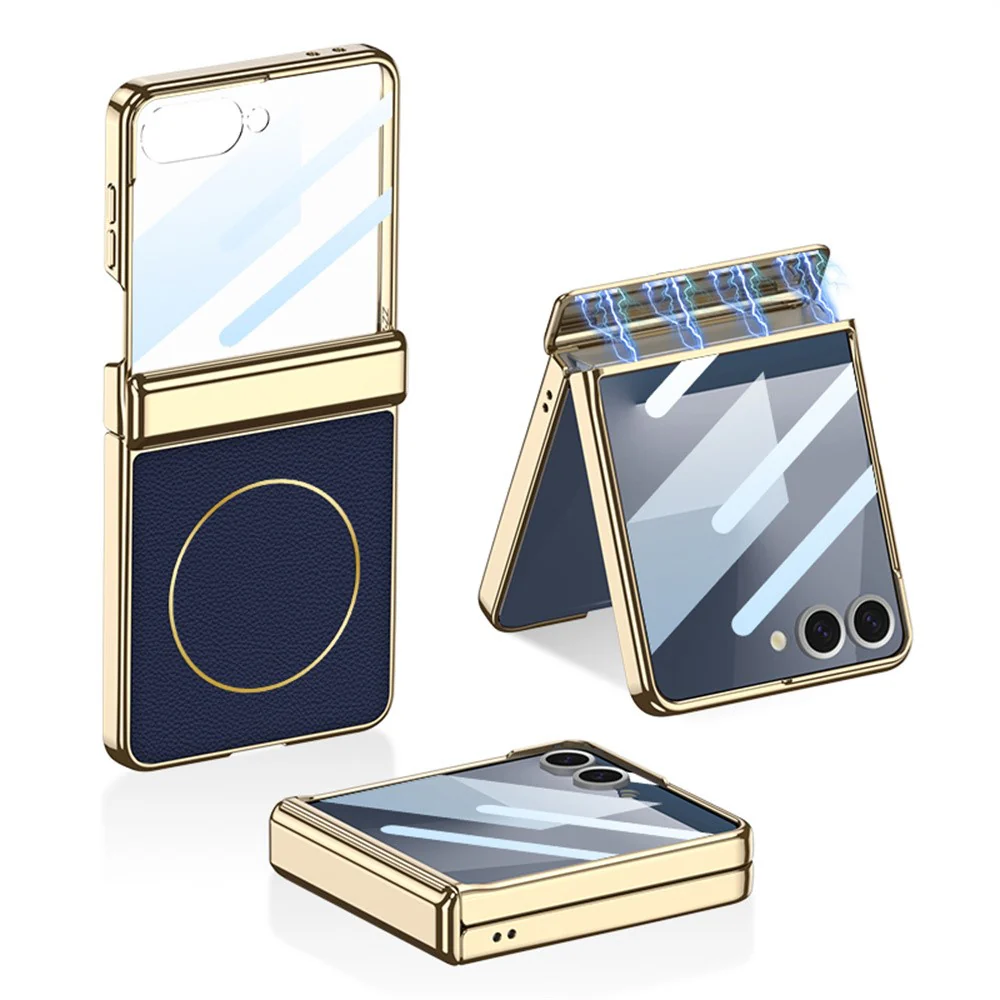 GKK For Samsung Galaxy Z Flip7 5G Magnetic Case Hinge Protection PU PC Tempered Glass Phone Cover - Dark Blue