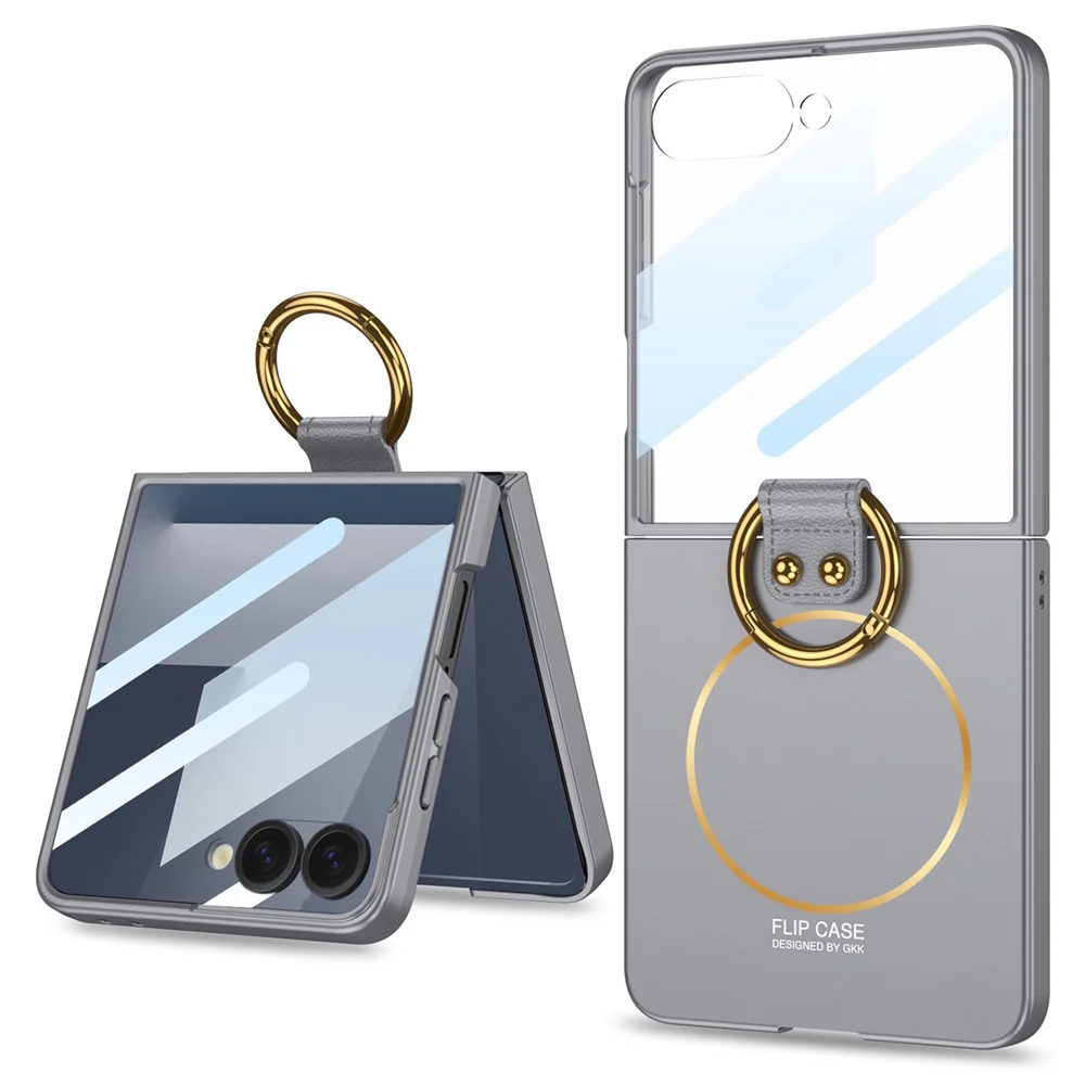 GKK For Samsung Galaxy Z Flip7 5G Magnetic Case PC + Tempered Glass Slim Phone Cover with Kickstand - Grey