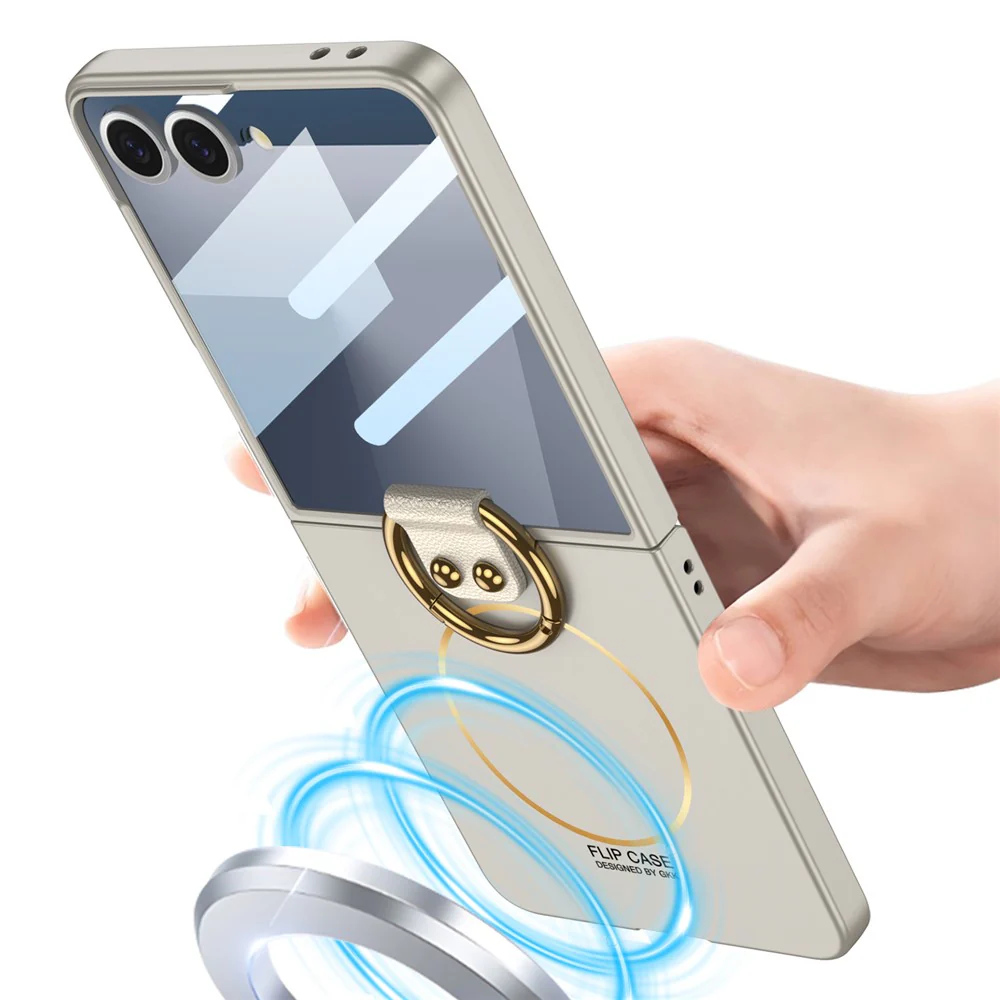 GKK For Samsung Galaxy Z Flip7 5G Magnetic Case PC + Tempered Glass Slim Phone Cover with Kickstand - Silver - Image 2