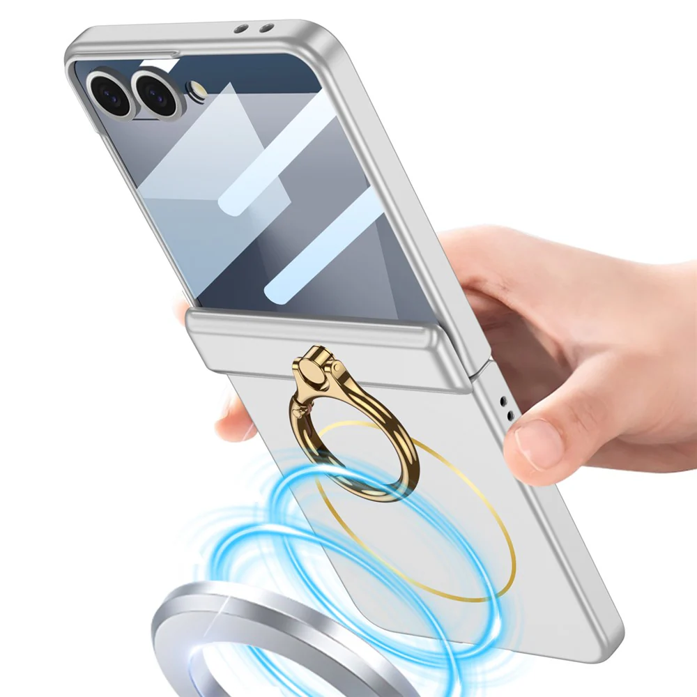 GKK For Samsung Galaxy Z Flip7 5G Magnetic Case with Ring Holder PC Tempered Glass Film Phone Cover - Black - Image 4