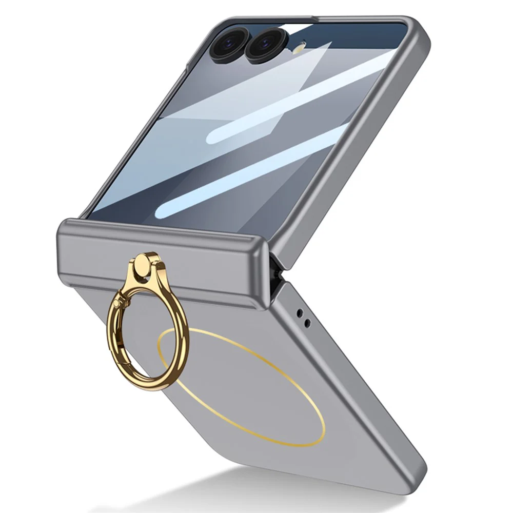 GKK For Samsung Galaxy Z Flip7 5G Magnetic Case with Ring Holder PC Tempered Glass Film Phone Cover - Silver - Image 7