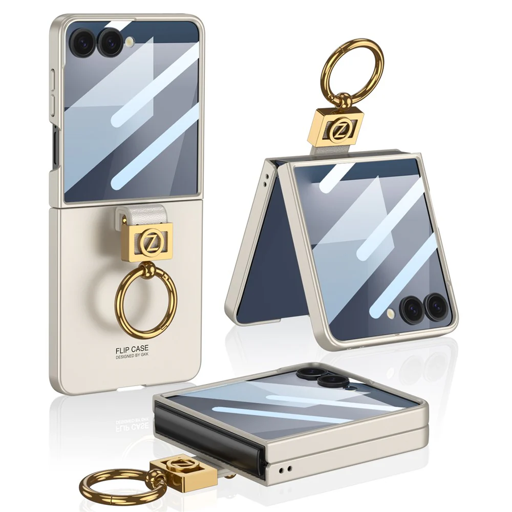 GKK For Samsung Galaxy Z Flip7 5G PC Phone Case with Ring Holder + Tempered Glass Front Screen Film - Titanium Grey