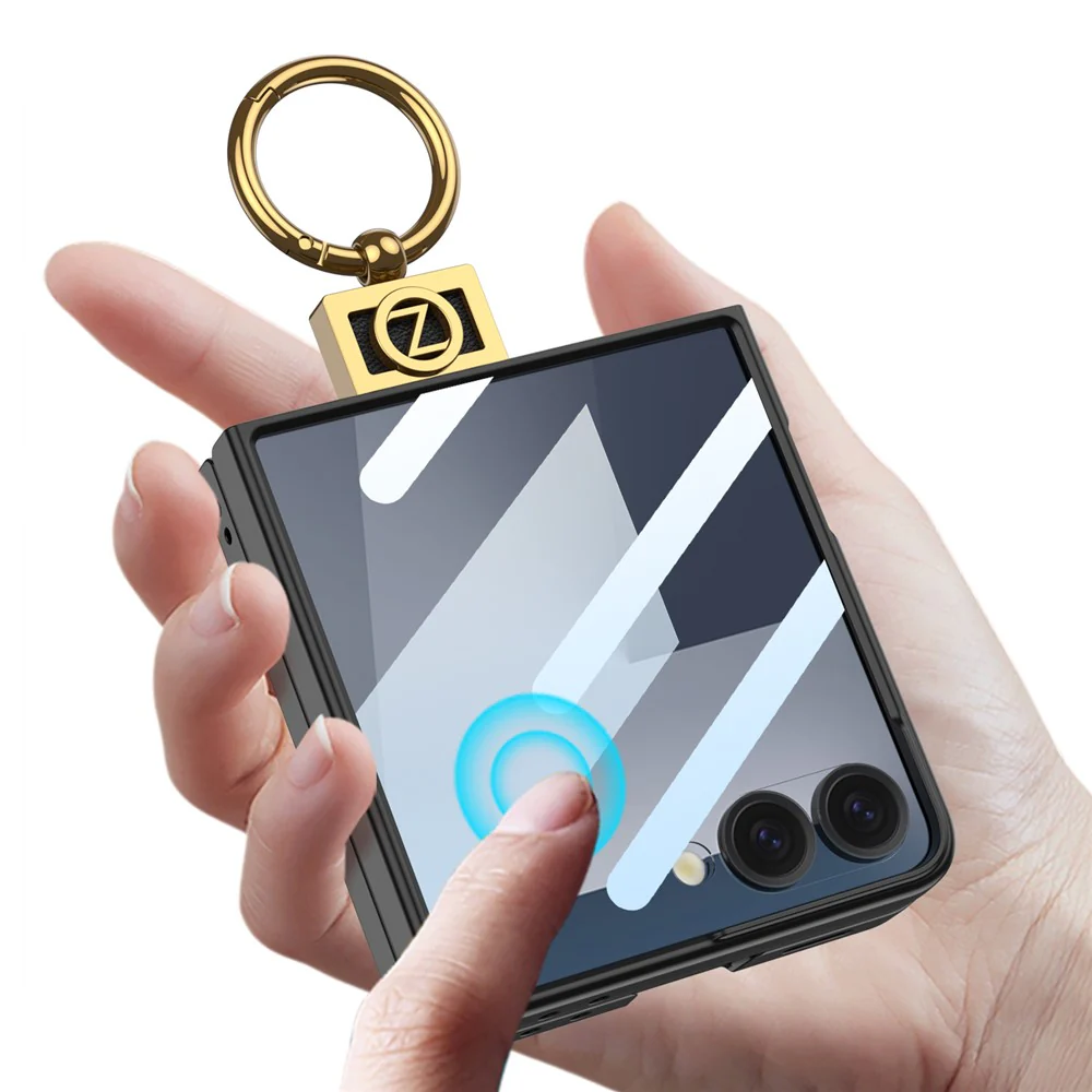 GKK For Samsung Galaxy Z Flip7 5G PC Phone Case with Ring Holder + Tempered Glass Front Screen Film - Titanium Grey - Image 2