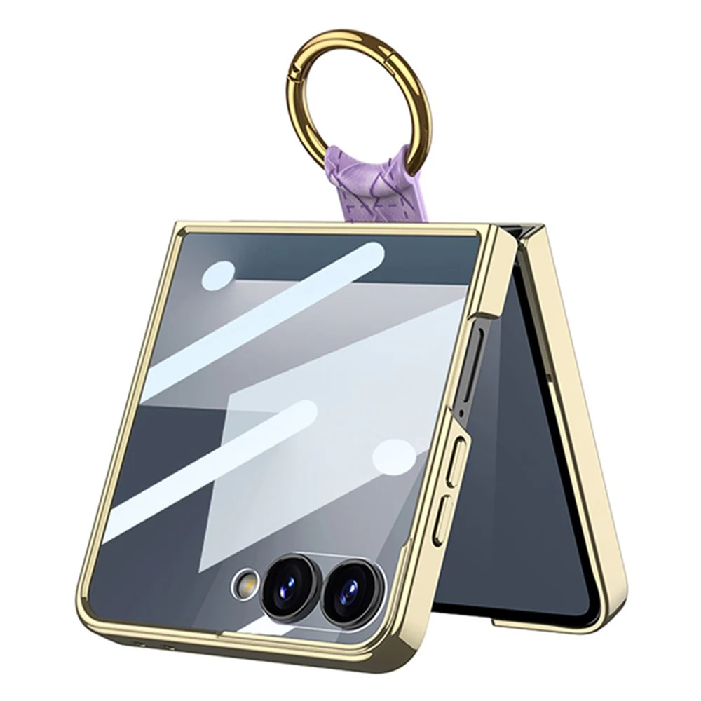 GKK For Samsung Galaxy Z Flip7 5G Phone Case Ring Kickstand Woven Pattern PU Leather Back Cover with Small Screen Film - Champagne Gold - Image 2