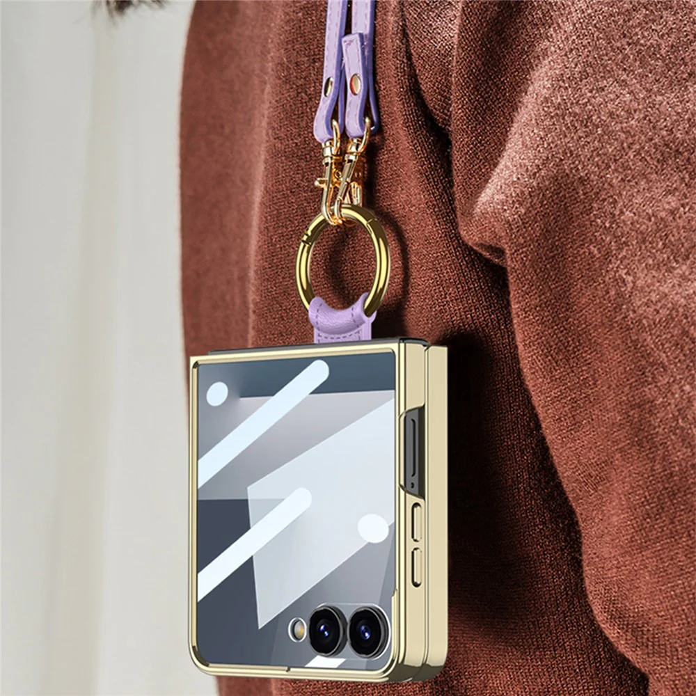 GKK For Samsung Galaxy Z Flip7 5G Phone Case Ring Kickstand Woven Pattern PU Leather Back Cover with Small Screen Film - Champagne Gold - Image 6