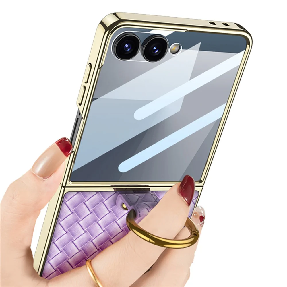 GKK For Samsung Galaxy Z Flip7 5G Phone Case Ring Kickstand Woven Pattern PU Leather Back Cover with Small Screen Film - Pink - Image 4